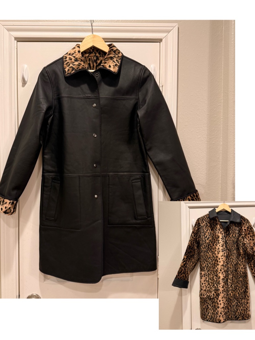 VTG 90s Newport News Leather Reversible Cheetah Longline Trench Coat Sz Small